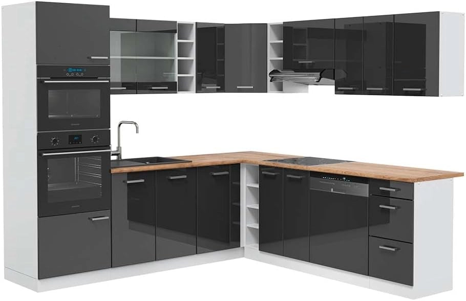 Cucina angolare completa R-Line, Antracite lucido, 247 x 60 cm, PL Rovere, per disposizione flessibile ed espansione modulare