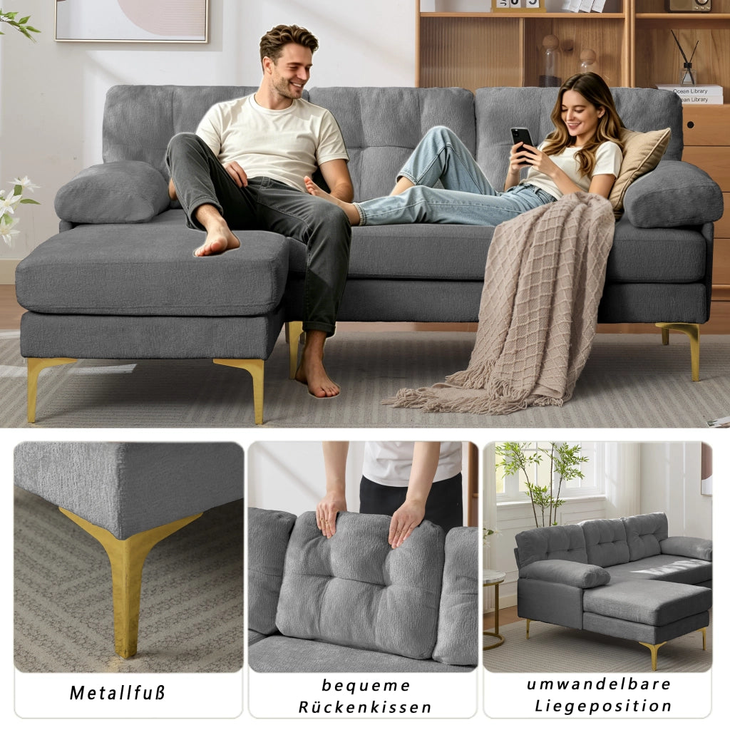 Divano angolare reversibile a 3 posti con cuscini imbottiti e braccioli, in legno e chenille grigio