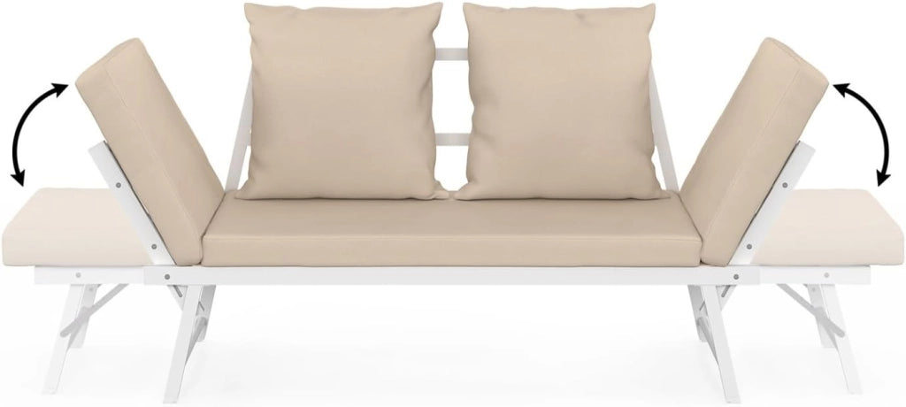 Divano da Giardino, Panca trasformabile NOLA 2/3 posti con braccioli reclinabili in Metallo Bianco e Cuscini Beige