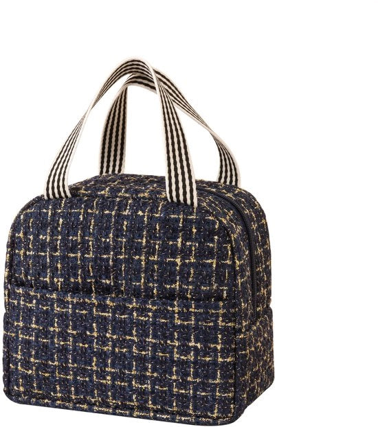 Tas per la colazione per donne, grande tas per la colazione isolato con linee glitter, contenitore di pasti riciclabile per lavoro, viaggio (blu marino, oro)