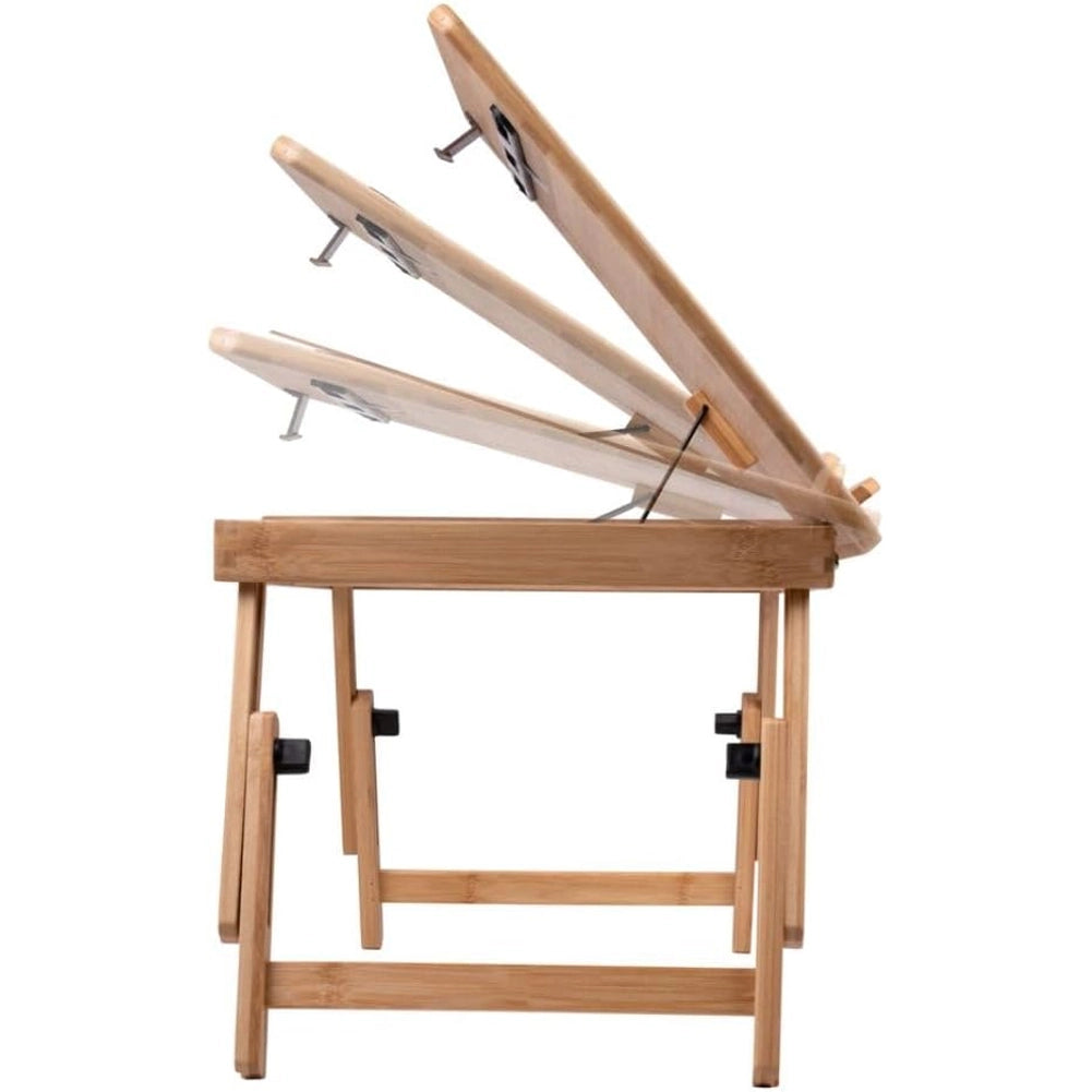 Tavolino Vassoio 50x30x21,5-27,5H cm Piano Inclinabile con Porta Bevande in Bambù