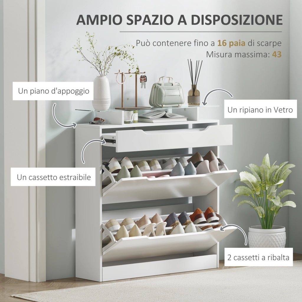 Scarpiera con 2 Ante a Ribalta e Cassetto, Portascarpe Salvaspazio in Vetro con Ripiani Regolabili ¨C zephmum ¨C 89x23x96cm, Bianco Lucido