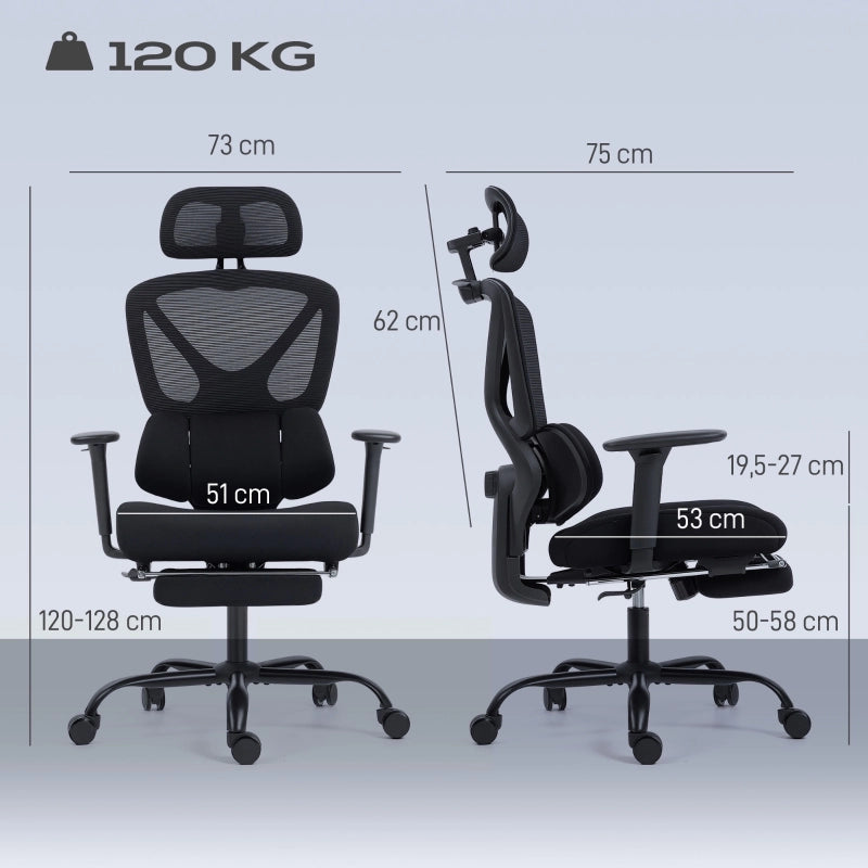 Sedia da ufficio ergonomica con supporto lombare, braccioli 3D, poggiatesta, poggiapiedi e girevole in plastica nera