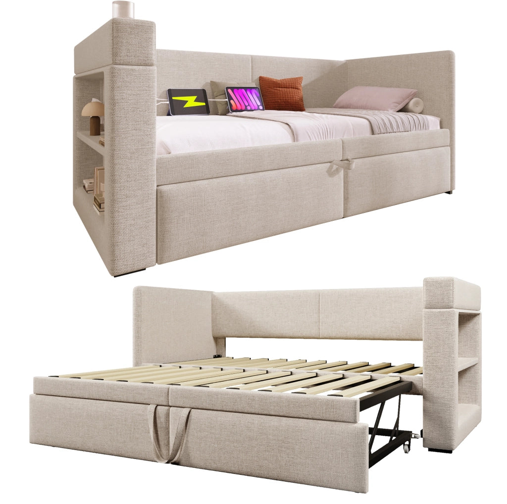 Divano letto estraibile beige 90 x 200 cm con ricarica e portabevande