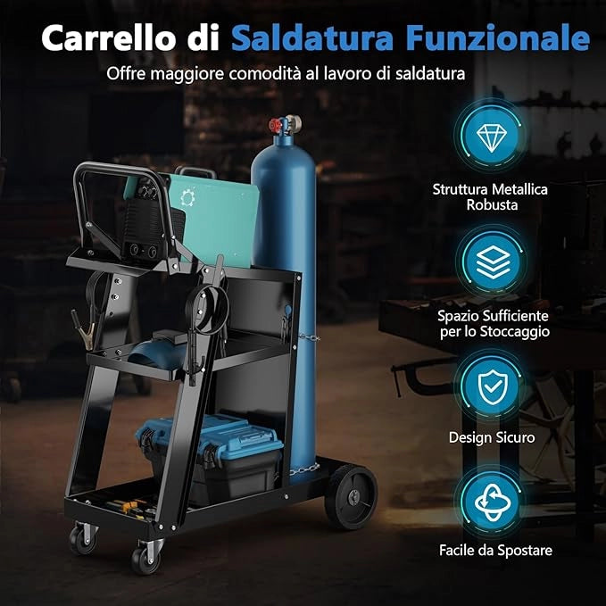 Carrello da Saldatura a 3 Livelli, Carrello per Saldatore con Struttura in Metallo, 4 Ruote Bloccabili Universal e Spazio per Serbatoio con Catene Anti-Ribaltamento, Carrello per Officina