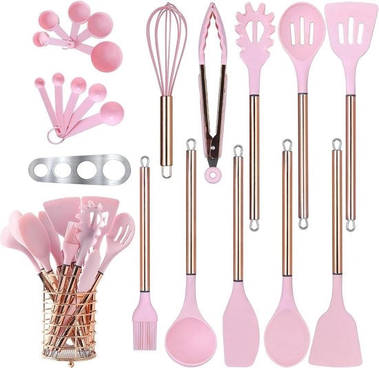 Set di accessori da cucina in silicone da 22 pezzi con contenitore e spatola resistente al calore - manico in acciaio inossidabile - gadget da cucina - rosa
