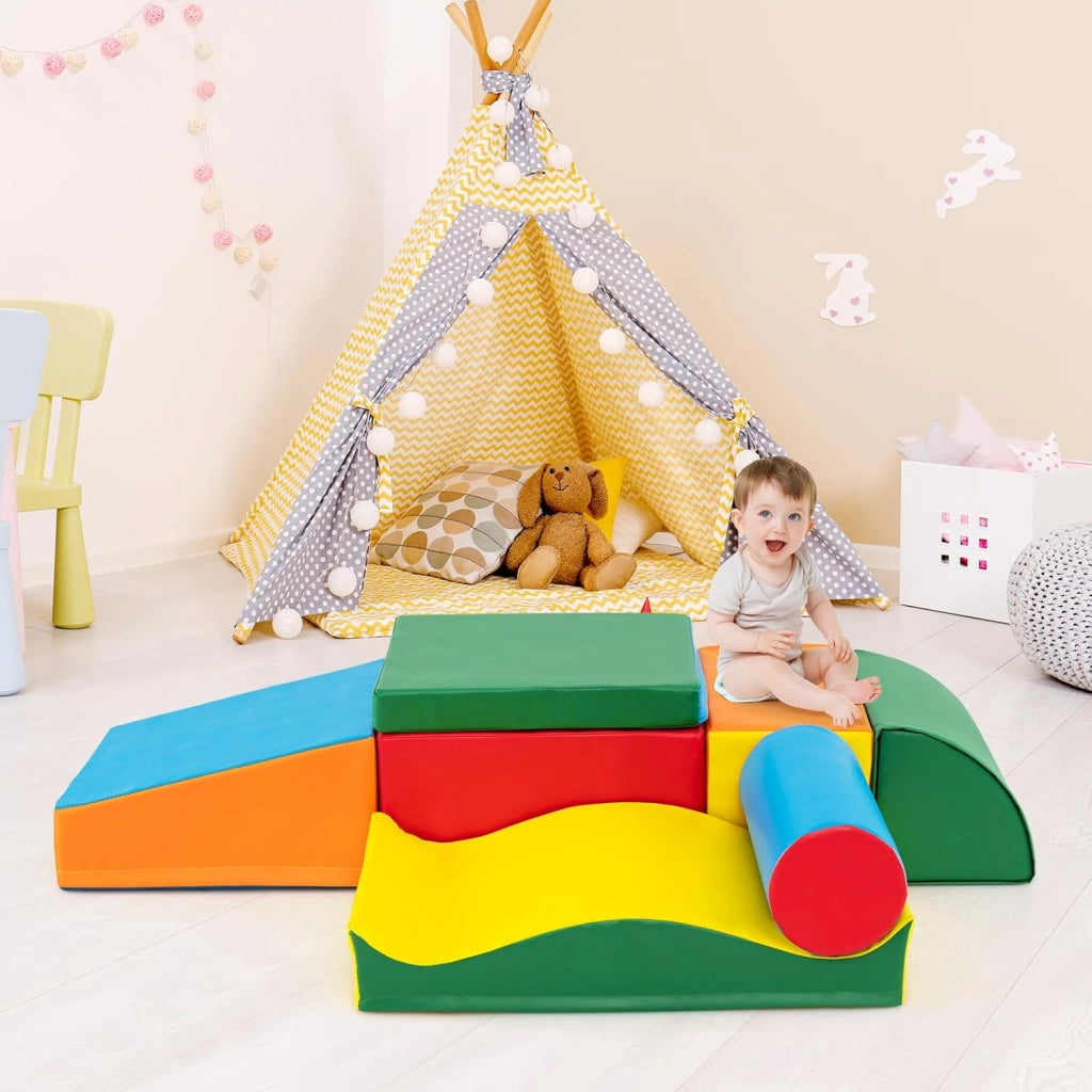 Set 7 Blocchi in Schiuma per Bambini, Set Gioco da Arrampicata con Rivestimento Rimovibile in Pelle Artificiale, Blocchi di Costruzione Morbidi per Bambini da Interno, Multi-Colore