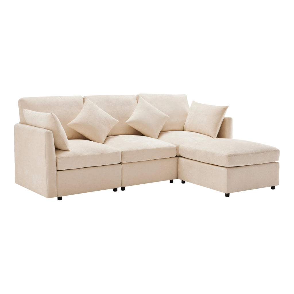Divano angolare modulare 3-4 posti con pouf mobile e 4 cuscini in chenille beige 216x161x81 cm
