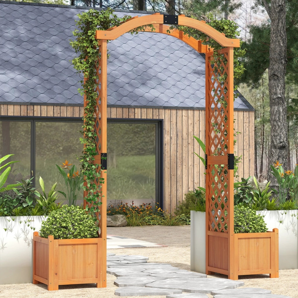 Graticcio arcuato alto 201 cm per piante rampicanti per decorazione cerimonia, Pergolato da giardino in legno con fioriere Giallo-Fioriere