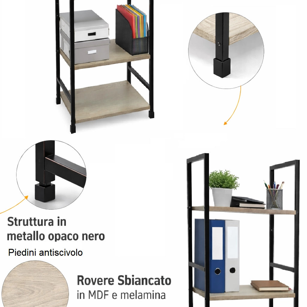 Mobile Scaffale Industrial 4 Ripiani Metallo Nero Legno Mdf Rovere 29x24 H112cm