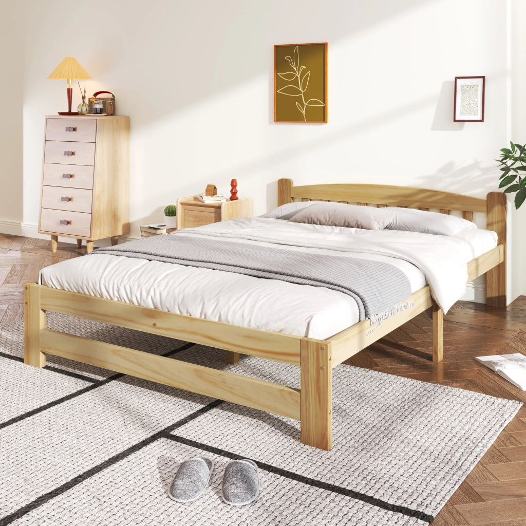Letto Matrimoniale Letto in Legno Massello con Testiera e 15 Doghe; Superficie 140 × 200 cm; senza Materasso; Naturale