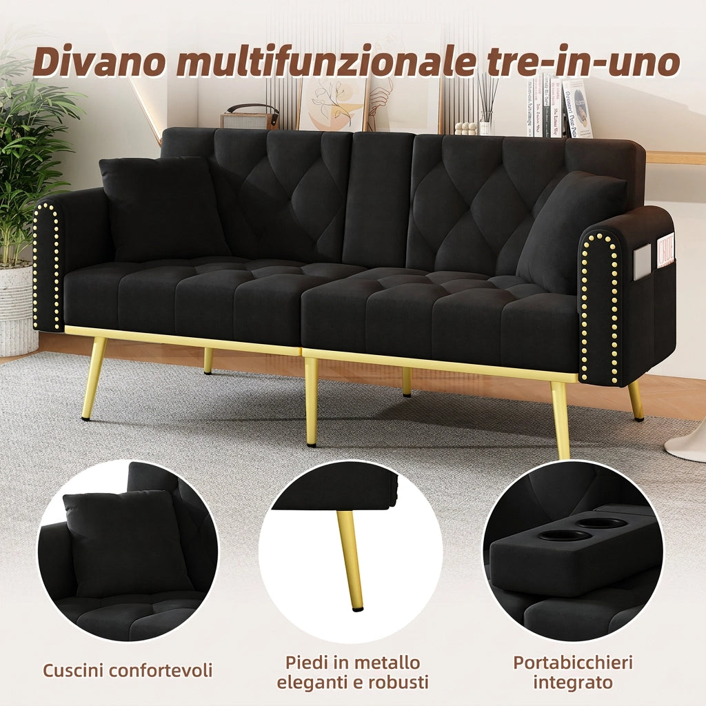 Divano letto velluto nero 175 cm 2 posti reclinabile con portabicchieri