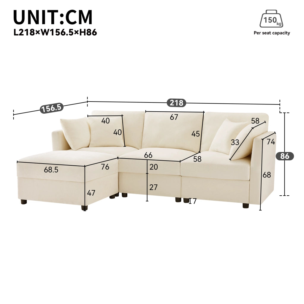 Divano angolare modulare con pouf, 4 cuscini e braccioli regolabili, in ciniglia beige 218 × 156,5 × 86 cm
