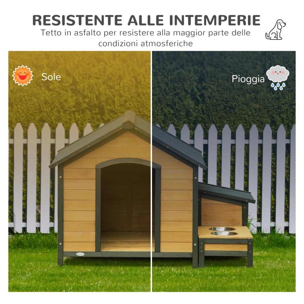 Easycomfort Cuccia per Cani Taglia Media con 2 Porta Ciotole, Box Esterno e Tetto in Bitume, 130x93x92cm