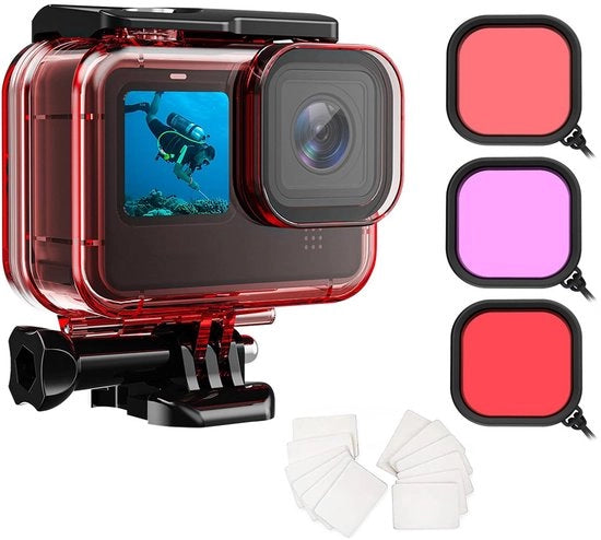 Case acqua resistente per azione compatibile con GoPro Hero13/12/11/10/9 con filtro da immersione, protezione acquatica inclusa con kit accessori e filtro lente correttore colore - rosso