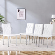 Set di 4 sedie da pranzo con schienale trapuntato e gambe in metallo; PU bianco e argento