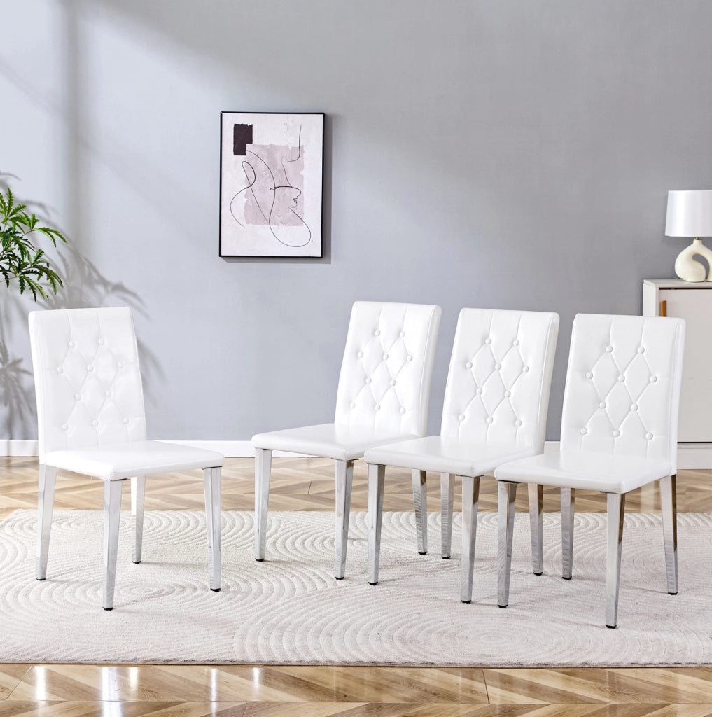 Set di 4 sedie da pranzo con schienale trapuntato e gambe in metallo; PU bianco e argento
