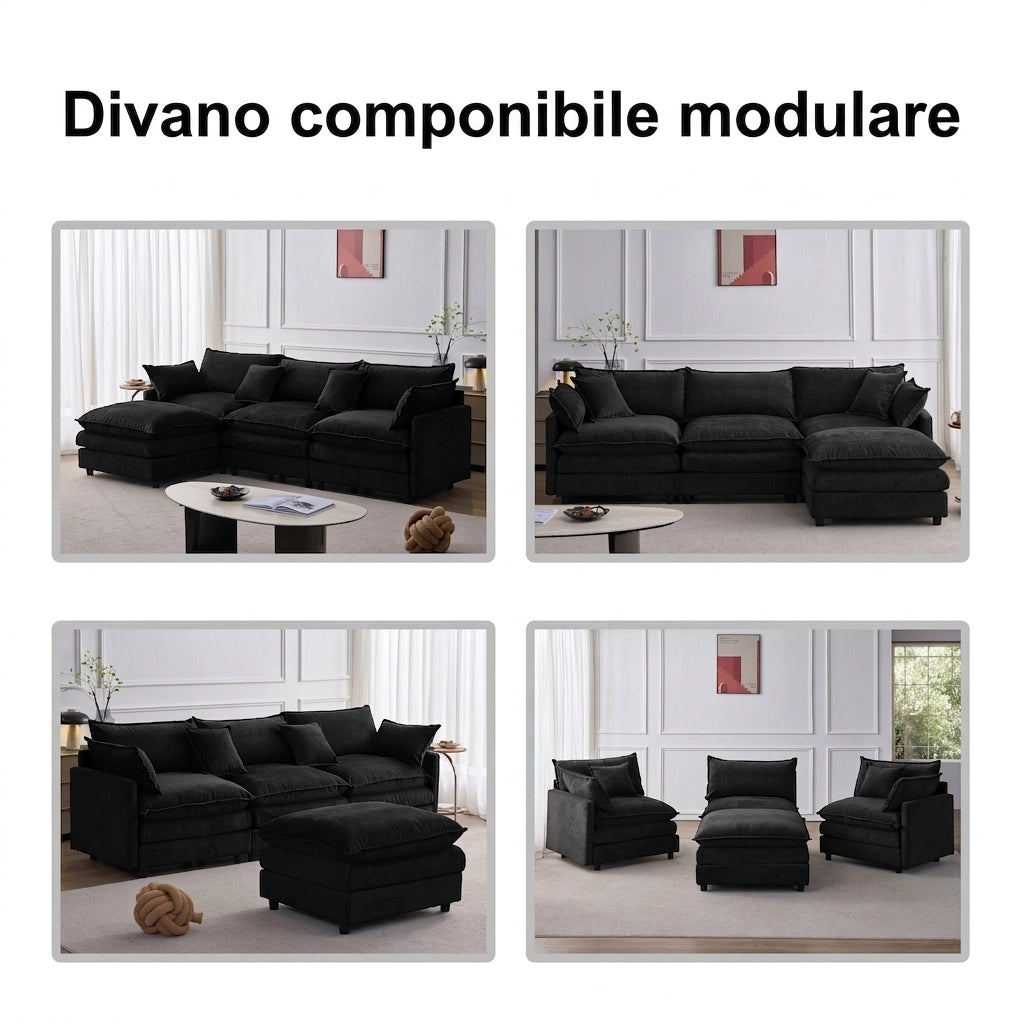 Divano angolare modulare a L 3 posti con pouf; in ciniglia premium; 267 cm; nero