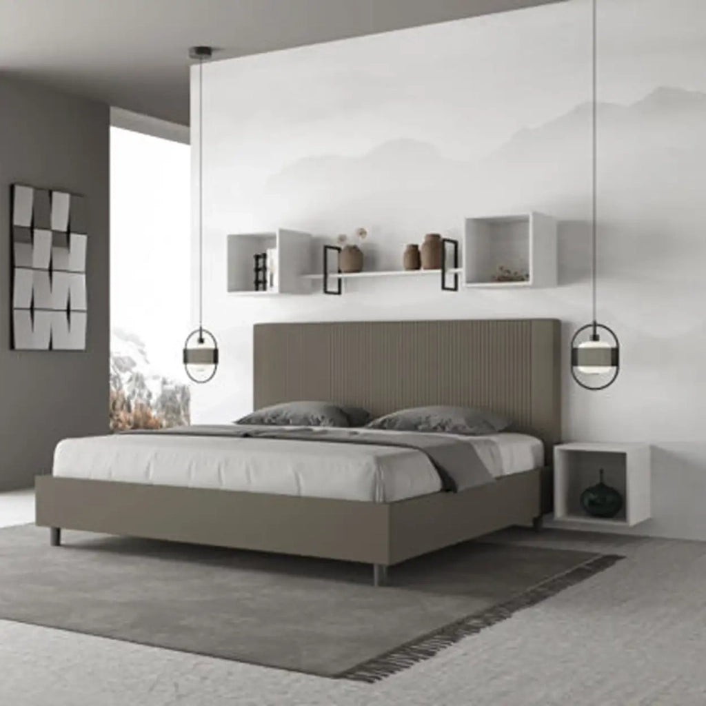 Letto matrimoniale king size con rete imbottito 180x210 similpelle cappuccino Goya