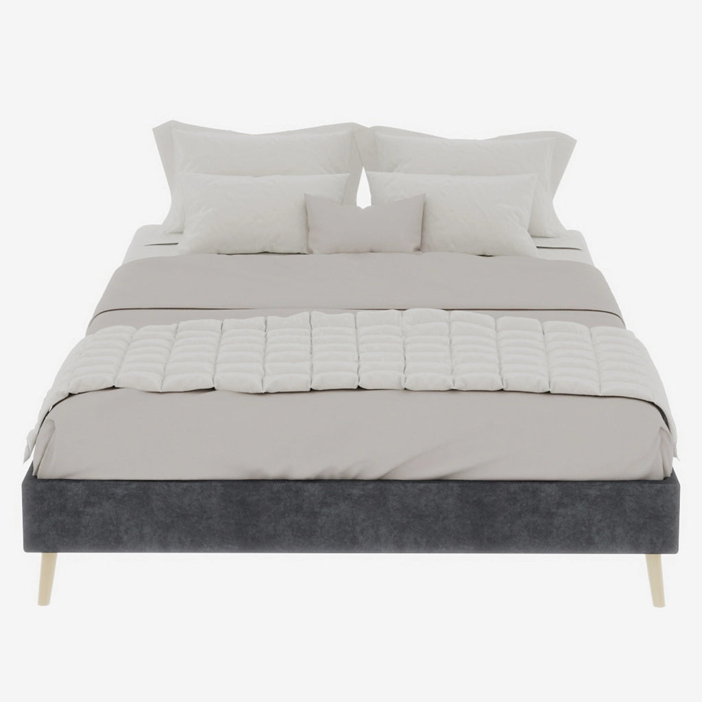 Letto 140x200 cm con Testiera Sagomata; Base Bassa e Piedi in Legno; Grigio