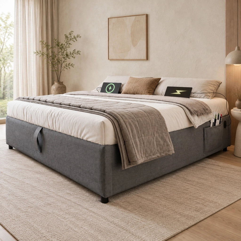Letto matrimoniale ULEVR 160x200 cm con contenitore idraulico, USB e Type-C, senza testiera, grigio
