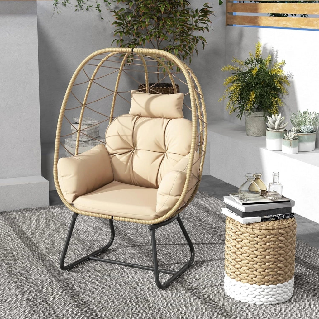 Poltrona in Rattan da Giardino, Sedia a Nido con Cuscino Rimovibile, Supporto in Metallo, Sedia a Uovo da Interni ed Esterni, Portata 150 kg, 100 x 76 x 145 cm (Beige)