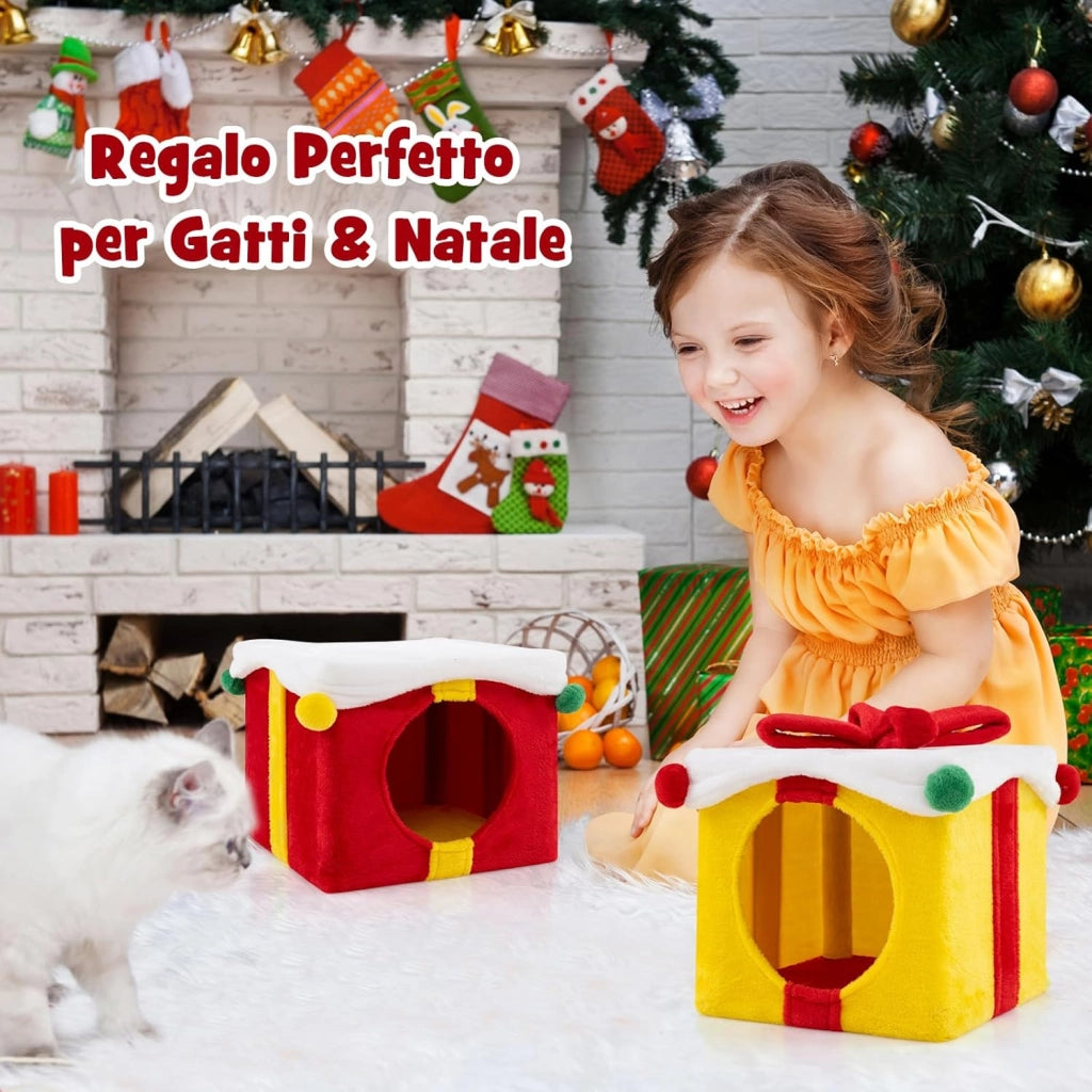 Set 2 Cuccia Cane Interno a 2 Piani, Tiragraffi per Gatto a Forma di Scatola di Natale in Tessuto e MDF, Lettino Gatto Interno per Inverno, Rosso e Giallo