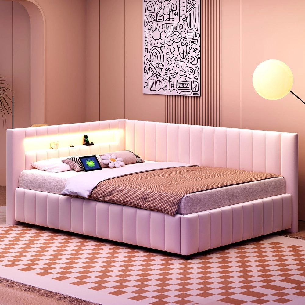 Letto imbottito con LED ¨C Minimal ¨C velluto beige 140x200 cm