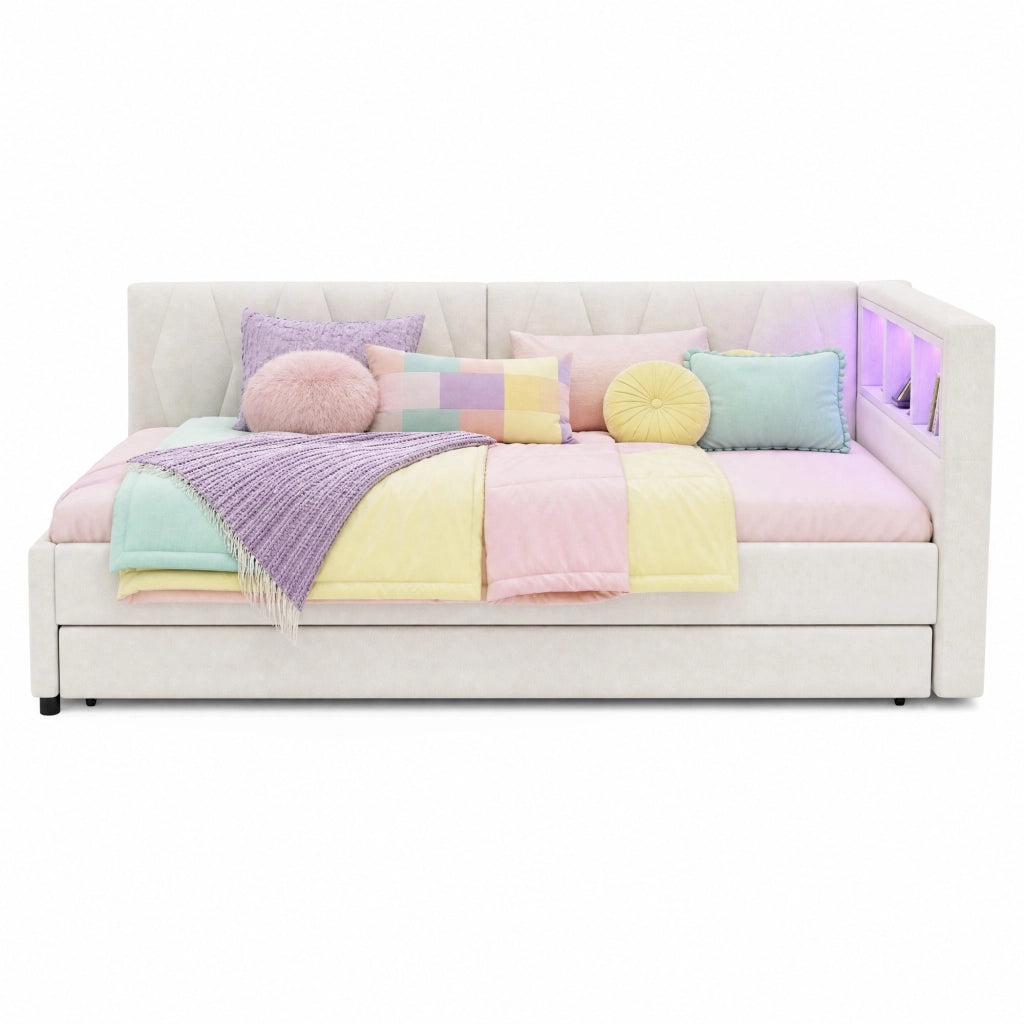 Letto estraibile 90x200 cm con LED, USB-C e vani beige