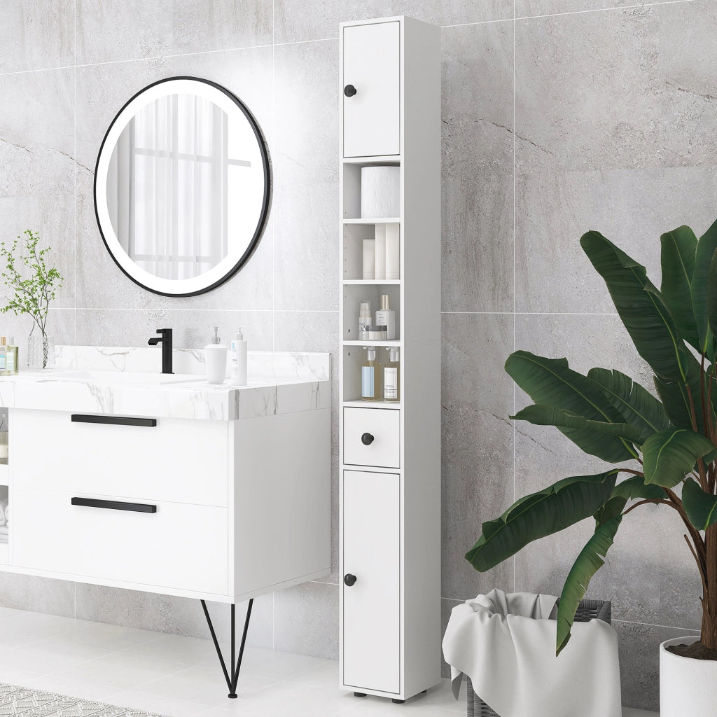 Mobile Bagno Colonna con Cassetto, Armadietti e Ripiani ¨C Minimal ¨C Legno Bianco 20x20x180 cm