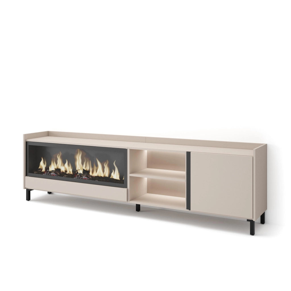 Mobile TV Soggiorno, 212x61x35 cm, Per TV fino a 80", Camino elettrico XXL, Design industriale, LED, Beige