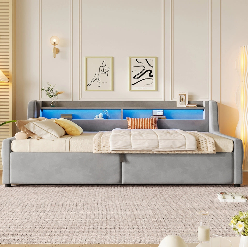 Letto singolo 90x200 in velluto con LED e vano contenitore