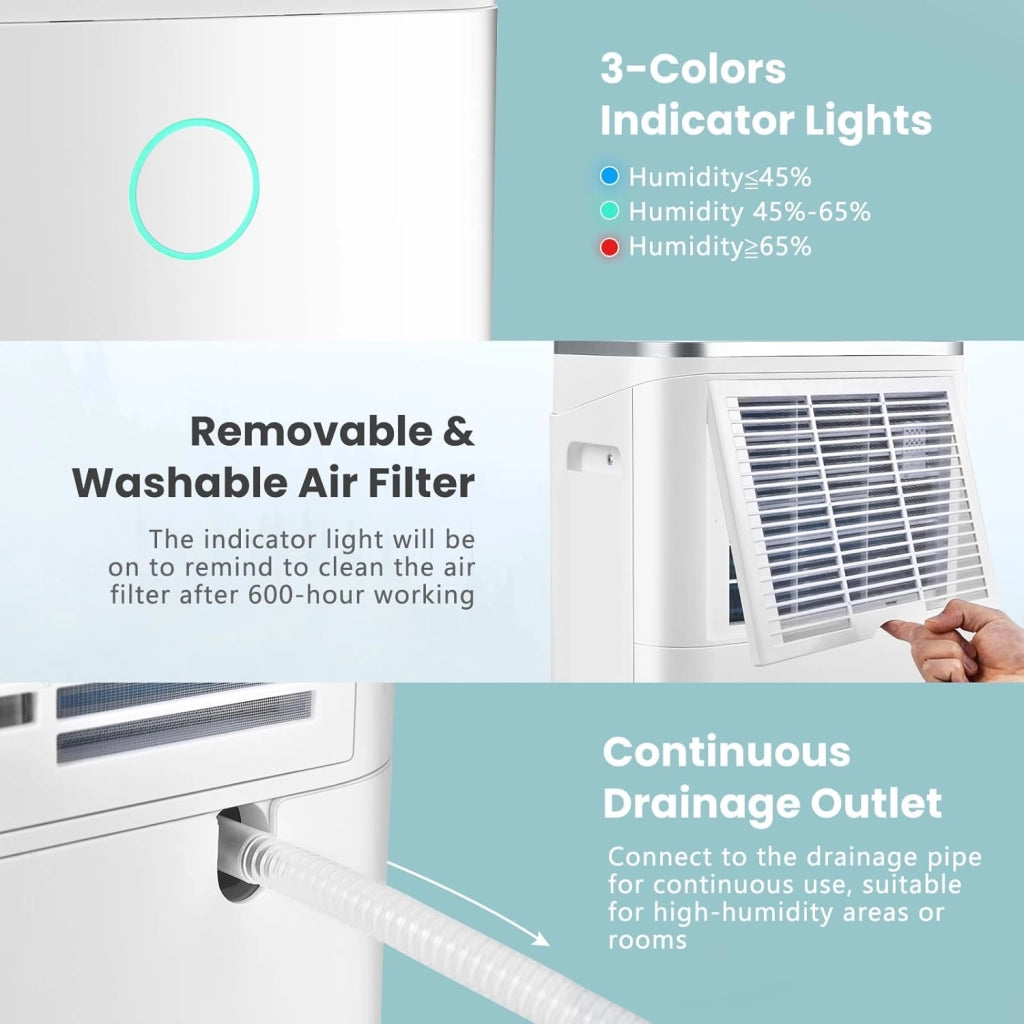 Deumidificatore Elettrico 25L/Giorno, Deumidificatore con Scarico Continuo, Timer 24 Ore, Serbatoio Acqua da 6,5L, Display LED, per Ambienti Fino a 30 m², per Cantina, Ufficio, Casa
