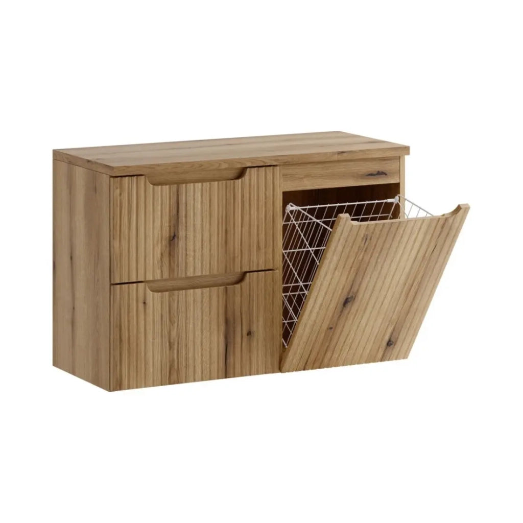 Set da bagno VANO in rovere chiaro 90cm: mobile sottolavabo con cassetti e cesto della biancheria integrato + piano per lavabo