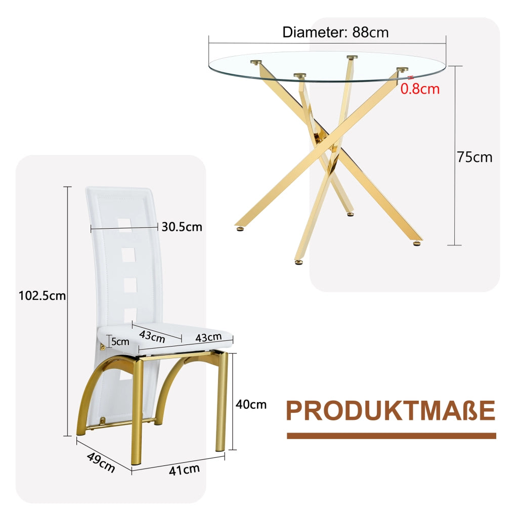 Set tavolo da pranzo e sedie con 1 tavolo rotondo e 2 sedie traforate; vetro; metallo e PU; bianco e oro