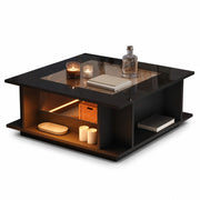 Tavolino da caffè quadrato con vani aperti e LED - per soggiorno - 70×70×30 cm - nero