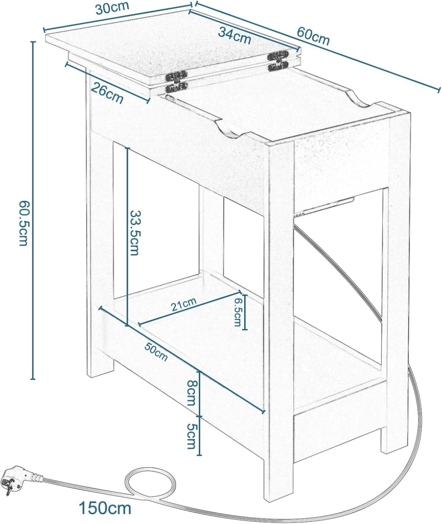 Tavolino da Salotto con Stazione di Ricarica, Tavolino a 3 Ripiani, Piano Pieghevole, 2 Porte USB e 2 Prese a 2 Fori, per Camera da Letto, Soggiorno, Cucina, Bianco