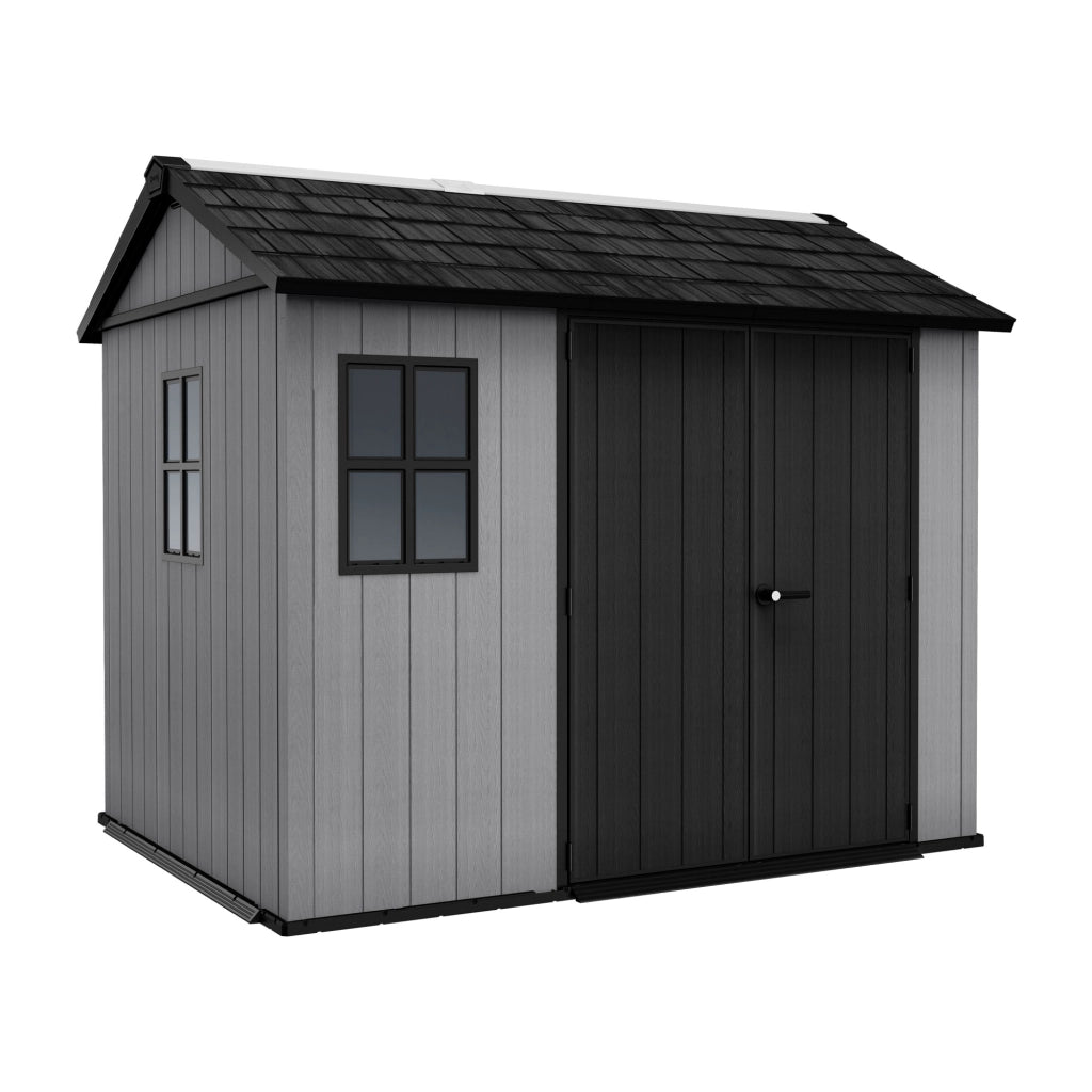 Newton + 759/975 - Casetta da Giardino 287x246x230 cm 2 Ante per deposito attrezzi finitura effetto legno Evotech+ in Resina Grigio e Nero