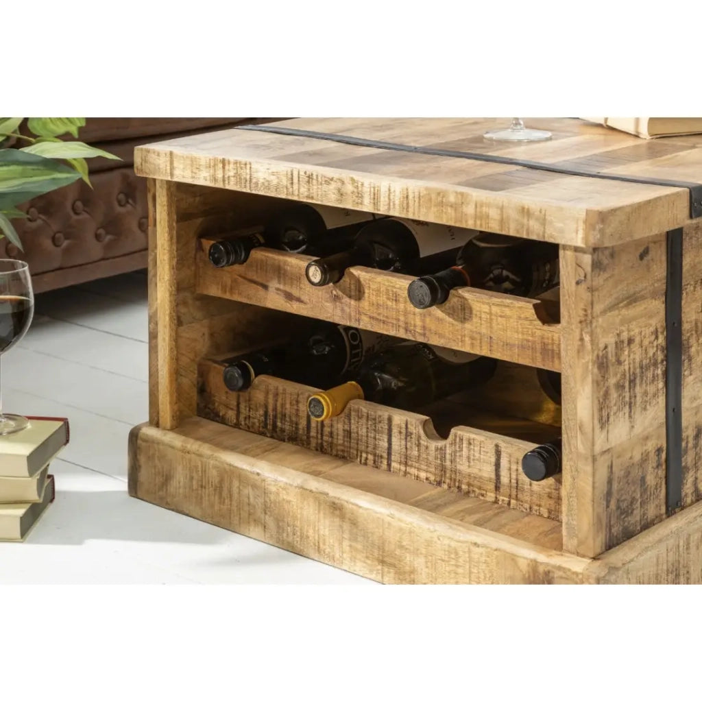 Tavolino da salotto cassapanca TRESORO 100 cm in legno di mango massiccio con porta bottiglie
