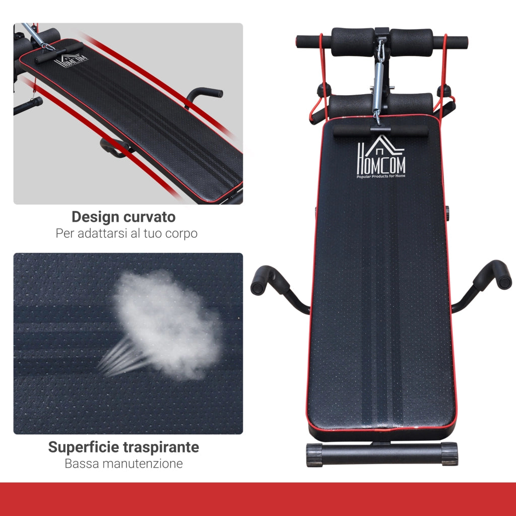 EasyComfort Panca Multifunzione con Vogatore a Molla e Schienale Regolabile e 2 Corde Elastiche, 55.5x137.5 cm Nero