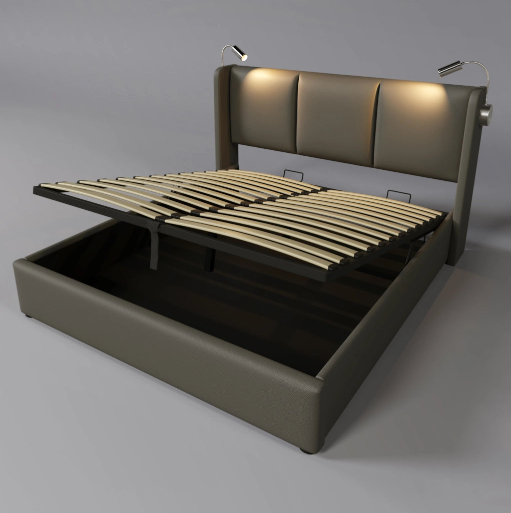 Letto matrimoniale 160x200 cm in PU grigio con contenitore; luce lettura e porta USB