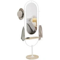 Specchio da Terra a Figura Intera 175,5x50 cm con Vassoio in Legno 4 Ganci e Cornice in Metallo per Soggiorno Camera Bianco