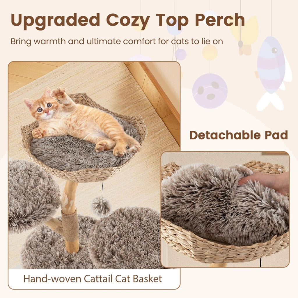 Tiragraffi per Gatti in Legno, 105 cm con 2 Posatoi e 1 Cuccia Grotta in Peluche, 1 Cesto di Vimini, 1 Pompon, Corda in Juta e Tronchi Naturali, Alberi per Gatti Stabile, Marrone