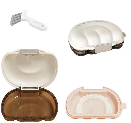 Protese portatile - contenitore per denti - realizzato con materiali di alta qualità - dotato di borsetta per pulizia - chiusura a click compatta - resistente e ipoallergenico