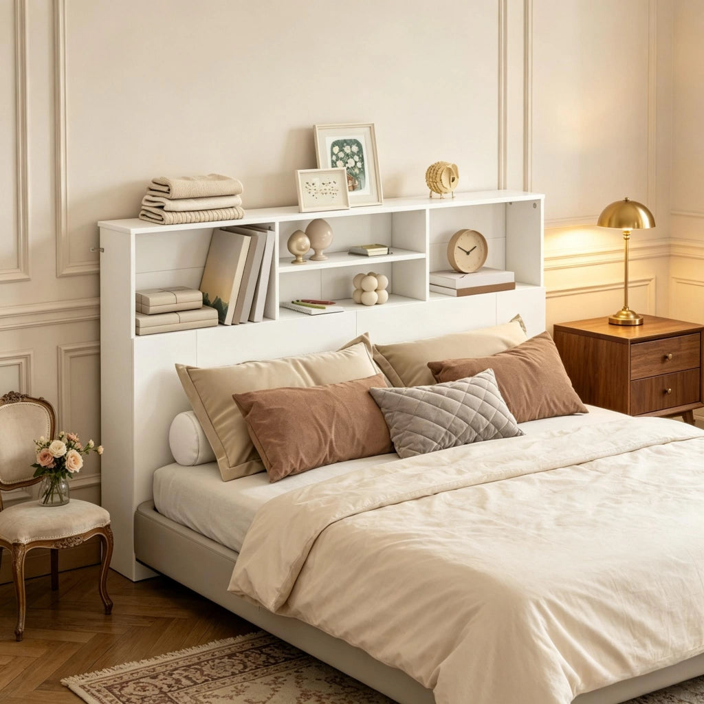 Testiera letto con 4 vani aperti e fissaggio a parete per camera in MDF e truciolato bianco 140×19×103.5 cm