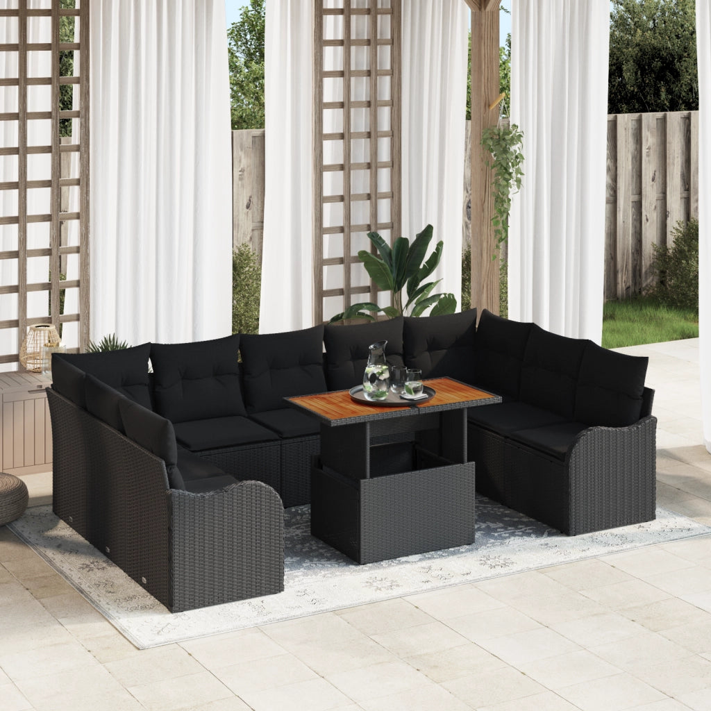Set Divano da Giardino 10 Pezzi con Cuscini Nero Rattan Acacia