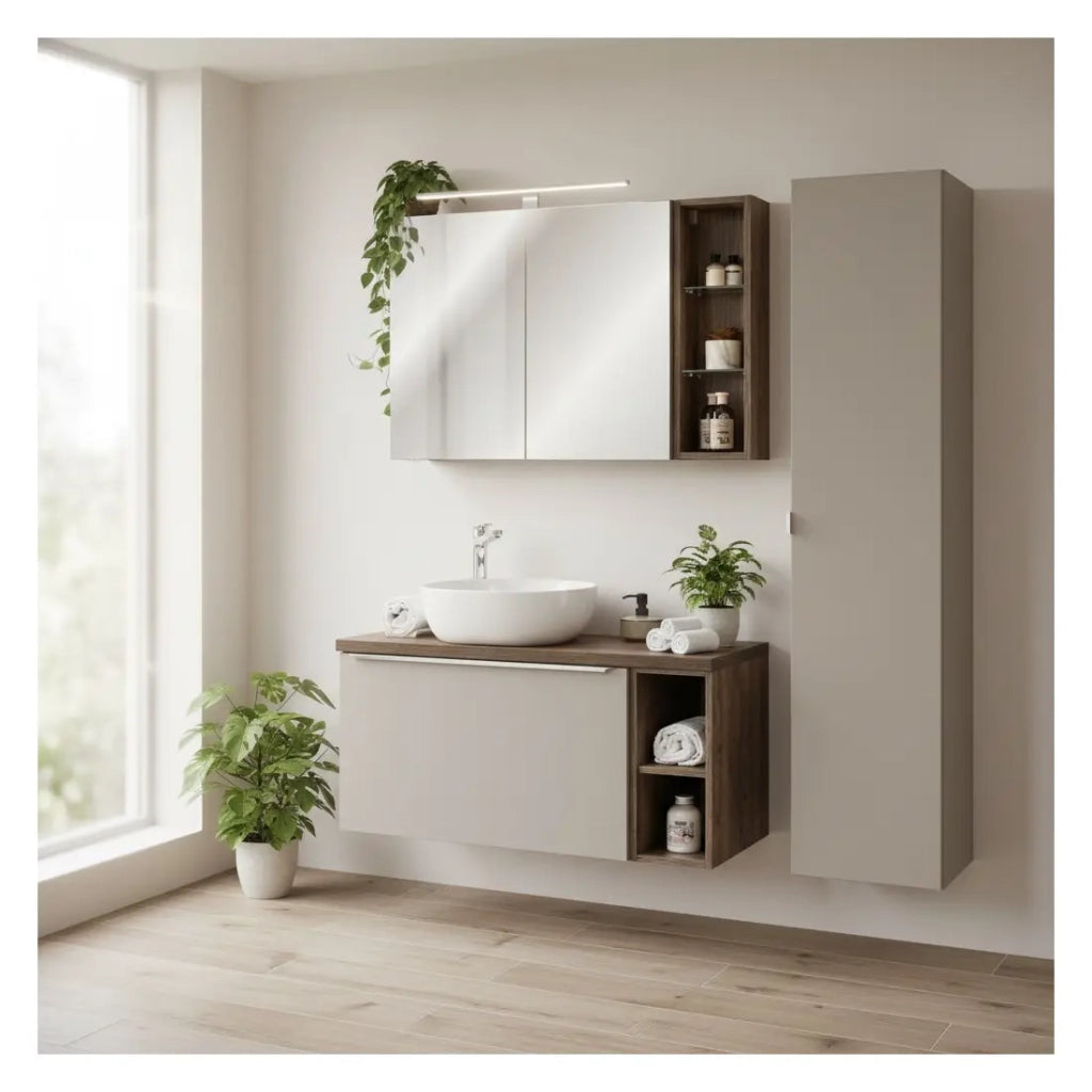 Set VANTA taupe: mobile sotto lavabo 100cm + lavabo da appoggio + mobili per il contenimento + specchio + LED