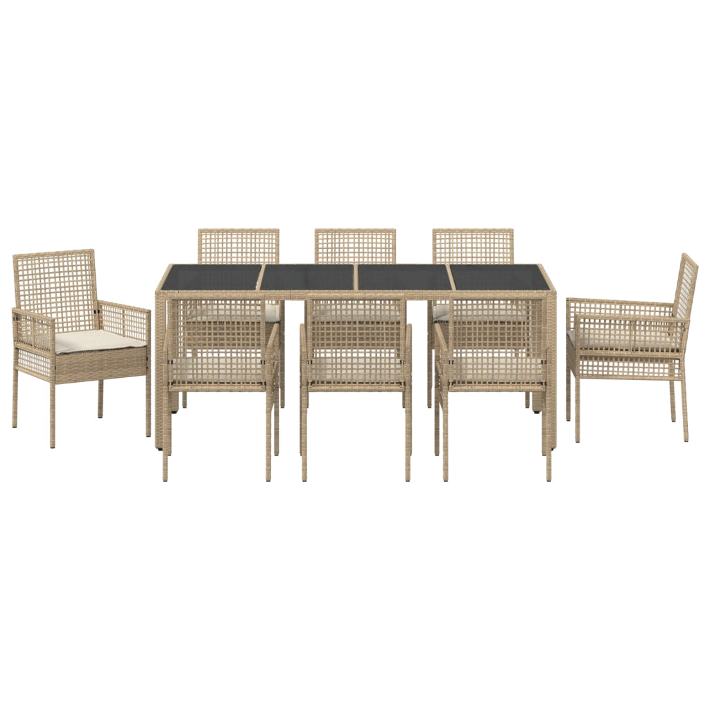 Set da Pranzo da Giardino 9 Pezzi con Cuscini Beige in Polyrattan