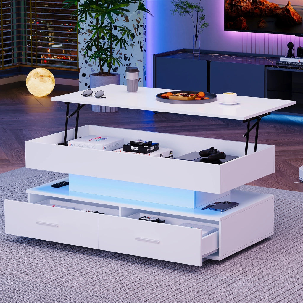 TAVOLINO DA SALOTTO 100x50x44 cm sollevabile idraulico Bianco con LED
