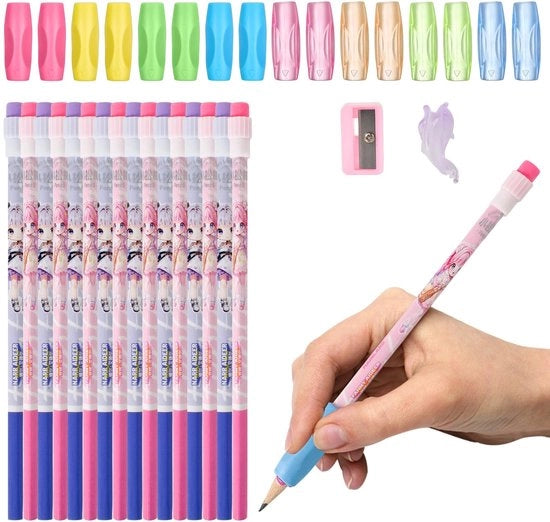 Collezione di matite 30 pezzi - Ossicini di matita in silicone 16 pezzi - Maniglia per bambini - Scrittura confortevole - Contenuto multicolore